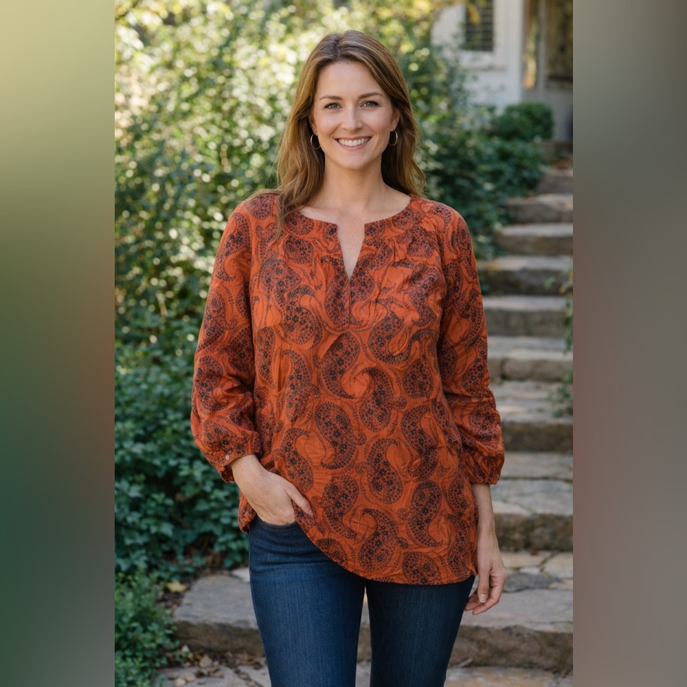 Lands' End Orange Paisley Split-Neck Blouse